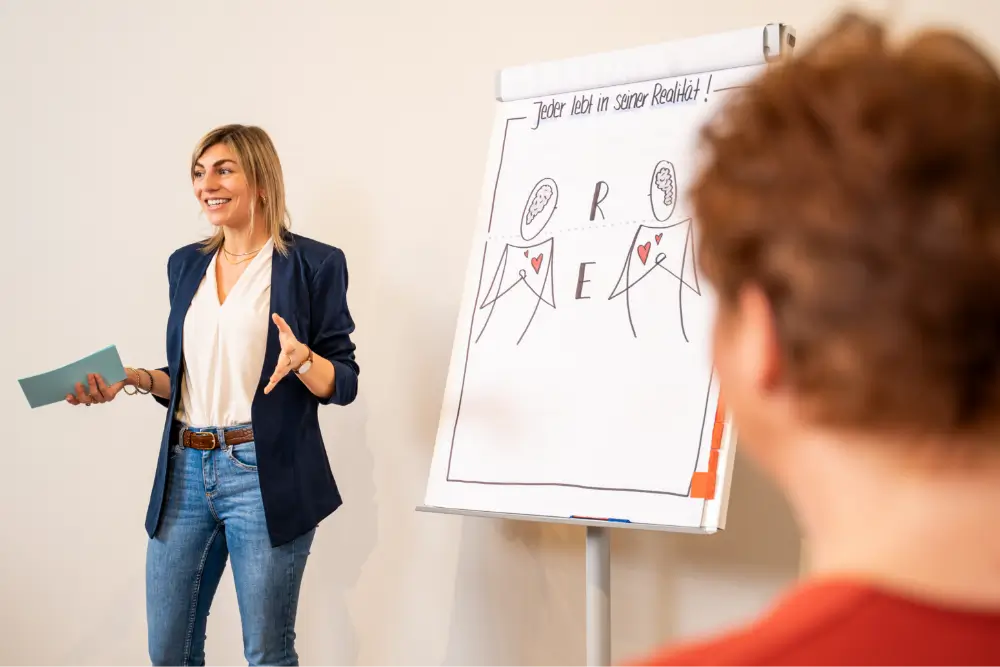 Lehrcoach am Flipchart in einer Ausbildungsgruppe